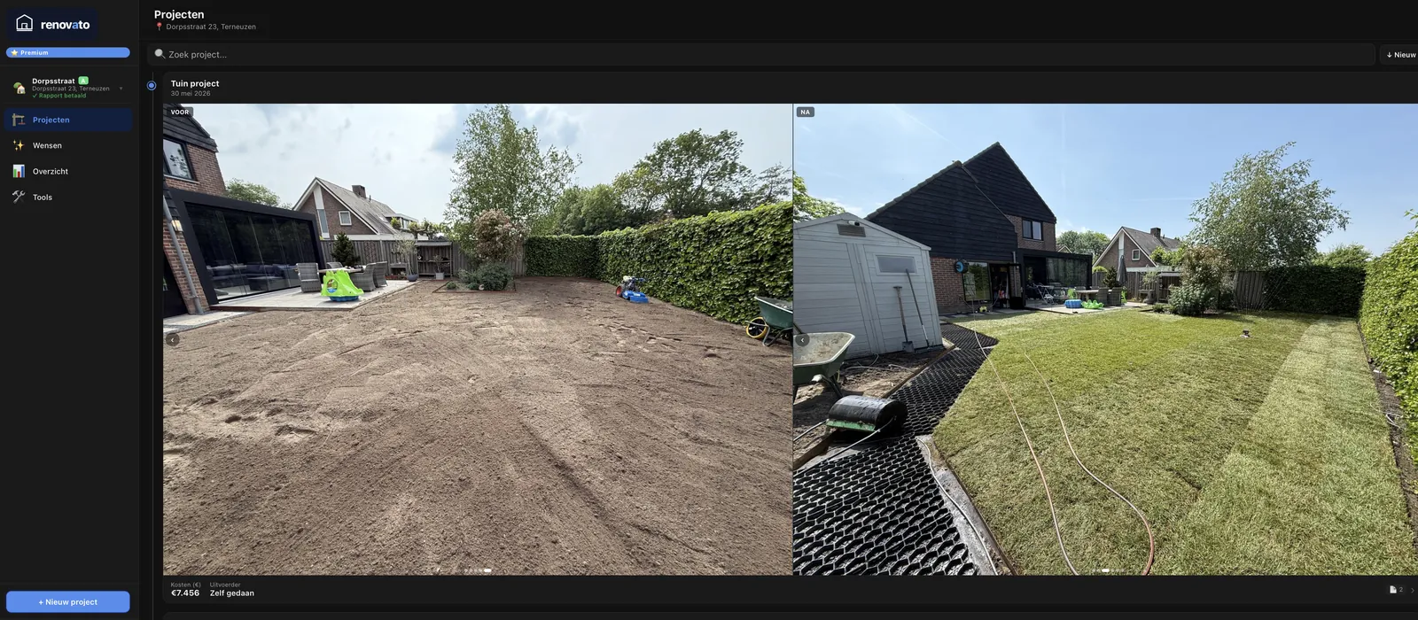 Renovato dashboard met verbouwingsproject en voor/na foto's van een tuinrenovatie
