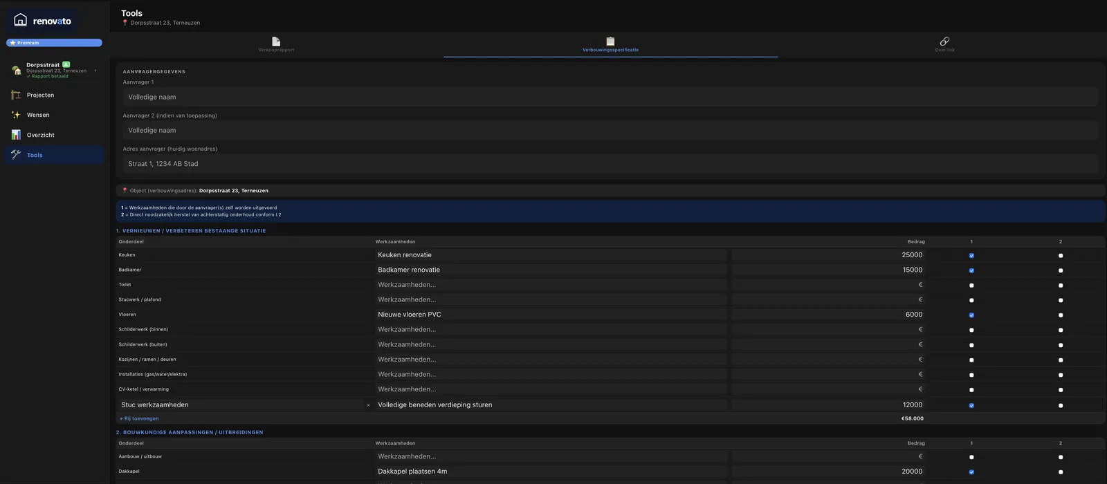 Renovato dashboard met verbouwingsproject en voor/na foto's van een tuinrenovatie