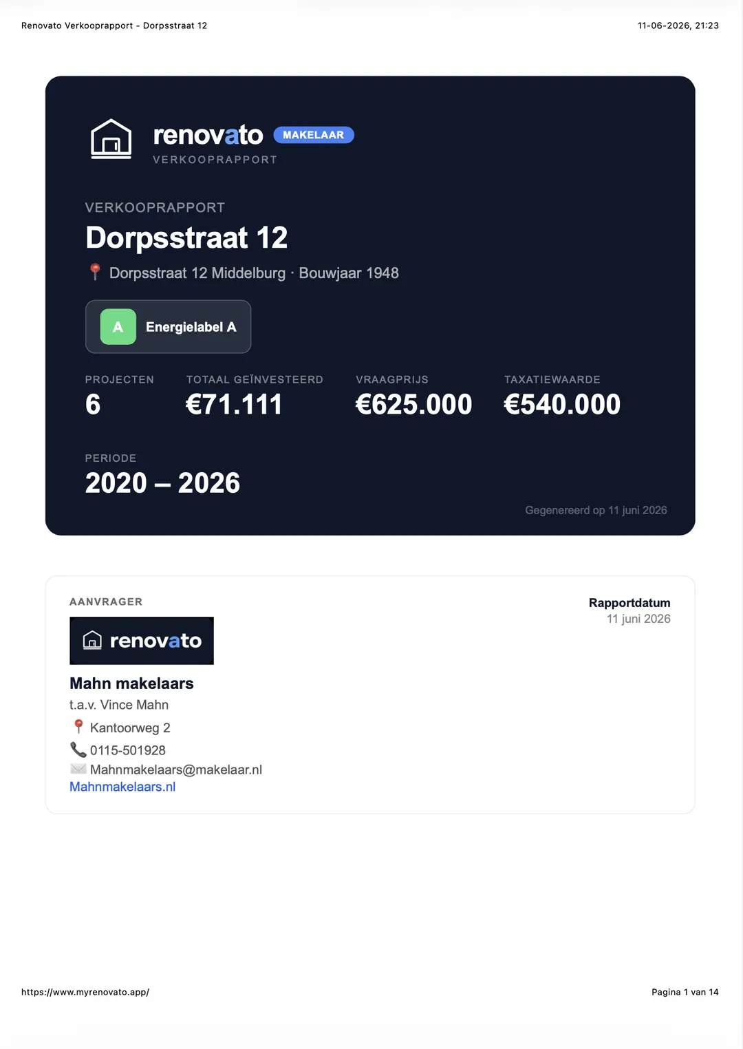 Voorbeeld van een Renovato verbouwingsrapport (PDF) met overzicht, kosten en voor/na foto's (1/10)