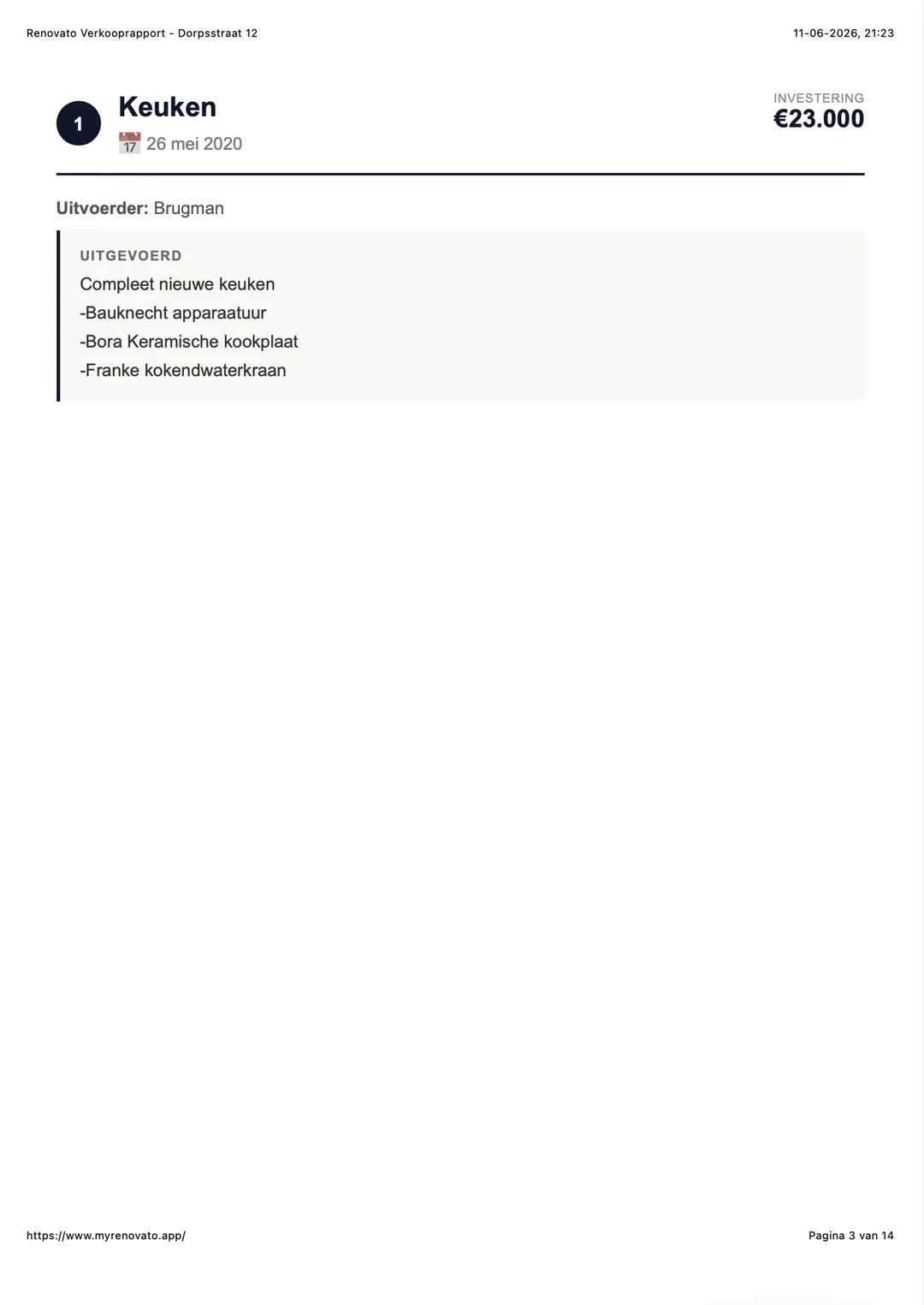 Voorbeeld van een Renovato verbouwingsrapport (PDF) met overzicht, kosten en voor/na foto's (3/10)
