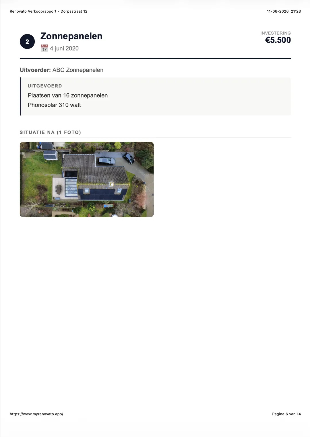 Voorbeeld van een Renovato verbouwingsrapport (PDF) met overzicht, kosten en voor/na foto's (6/10)