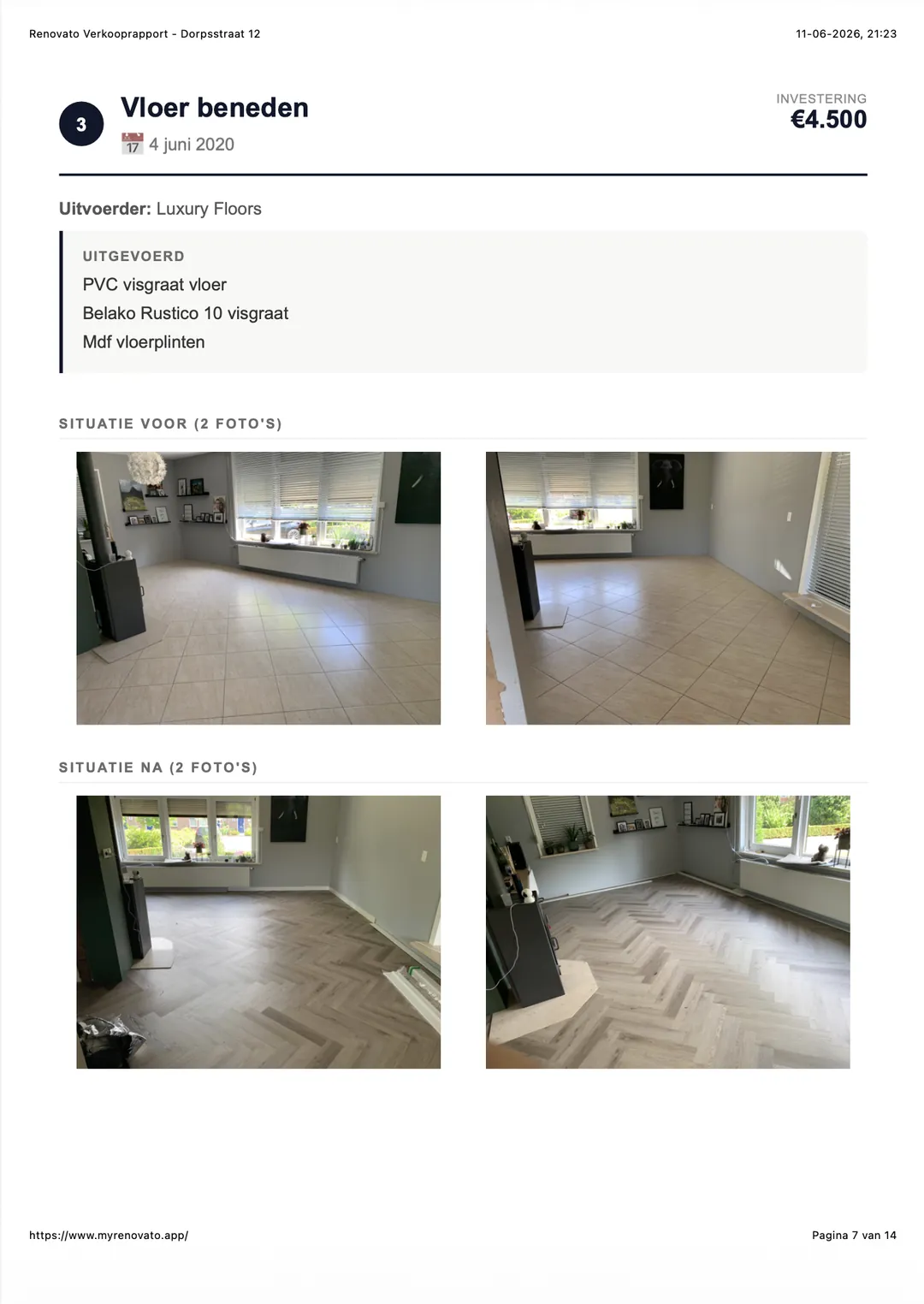 Voorbeeld van een Renovato verbouwingsrapport (PDF) met overzicht, kosten en voor/na foto's (7/10)