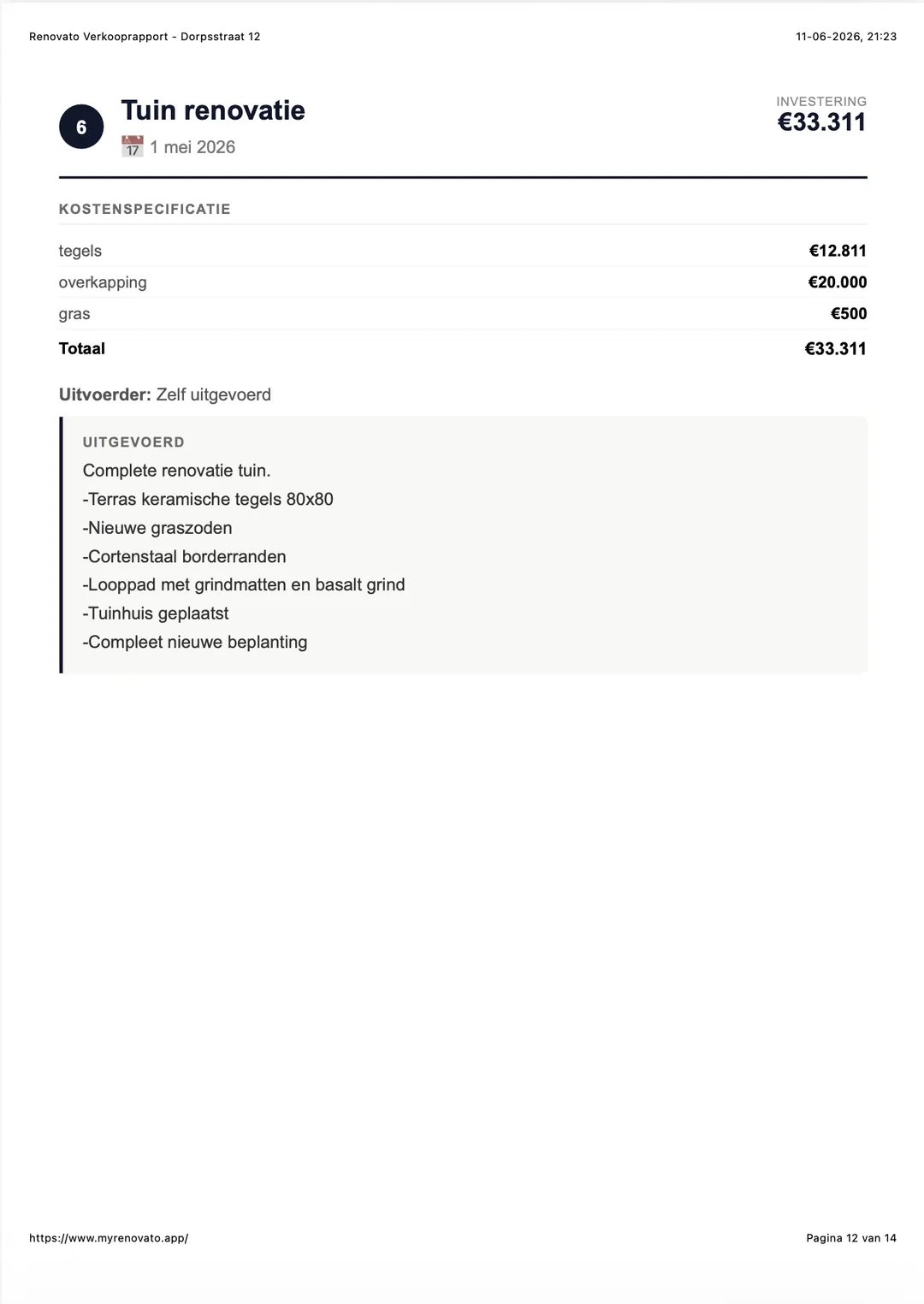 Voorbeeld van een Renovato verbouwingsrapport (PDF) met overzicht, kosten en voor/na foto's (8/10)